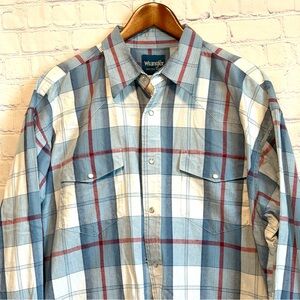 Vintage Wrangler Pearl Snap Shirt Mens Size XL Blue Plaid Rodeo Cowboy Western